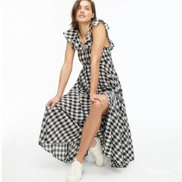 J. Crew Black & White Gingham Check Button Up Flowy Ruffle Midi Maxi Dress NWT - Picture 15 of 15
